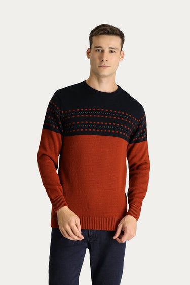  Kiremit Bisiklet Yaka Slim Fit Dar Kesim Desenli Triko Kazak