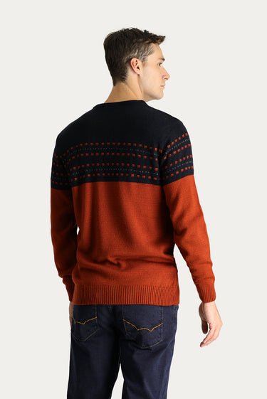 Kiremit Bisiklet Yaka Slim Fit Dar Kesim Desenli Triko Kazak