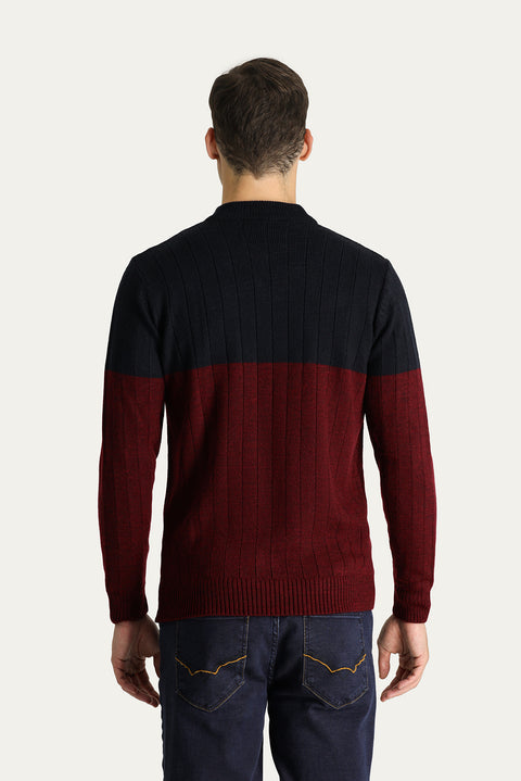 Koyu Lacivert Bisiklet Yaka Slim Fit Dar Kesim Desenli Triko Kazak