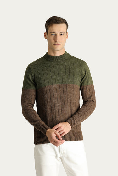  Orta Haki Bisiklet Yaka Slim Fit Dar Kesim Desenli Triko Kazak