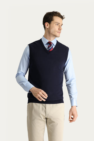  Koyu Lacivert V Yaka Pamuklu Triko Süveter