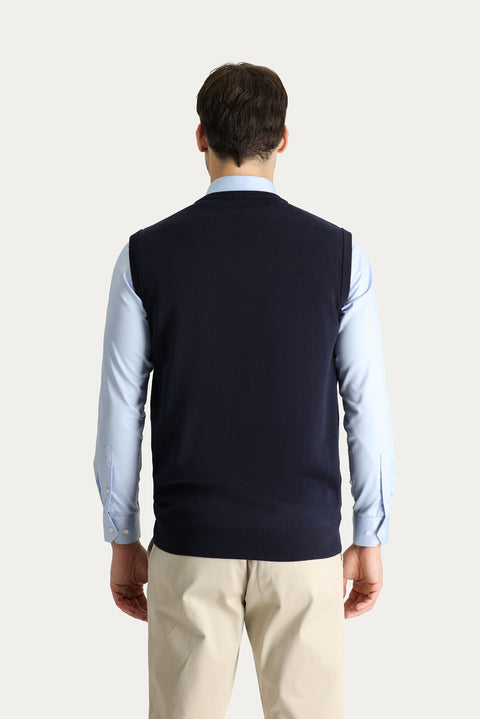 Koyu Lacivert V Yaka Pamuklu Triko Süveter