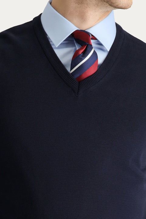 Koyu Lacivert V Yaka Pamuklu Triko Süveter