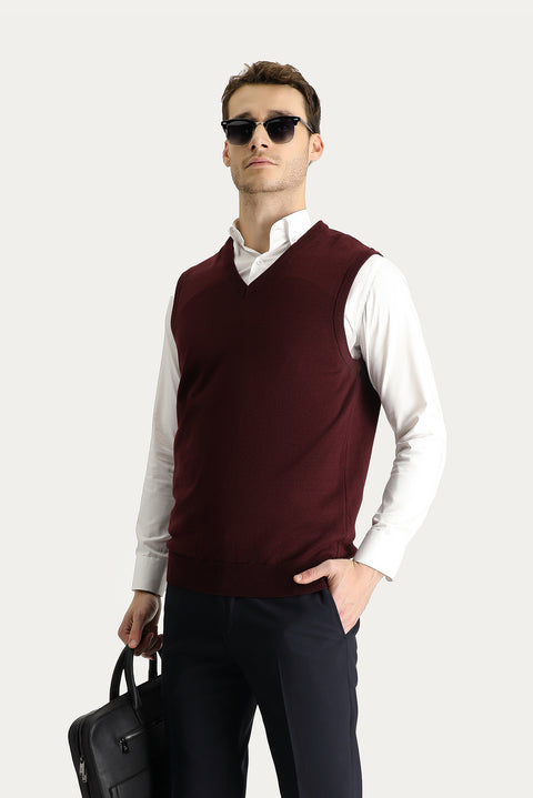 Koyu Bordo V Yaka Pamuklu Triko Süveter
