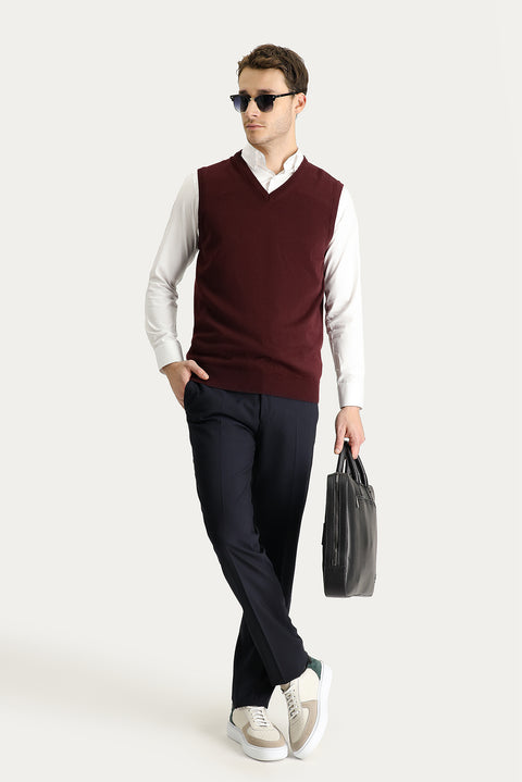 Koyu Bordo V Yaka Pamuklu Triko Süveter