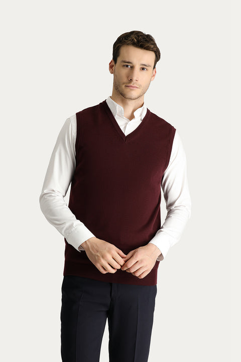 Koyu Bordo V Yaka Pamuklu Triko Süveter