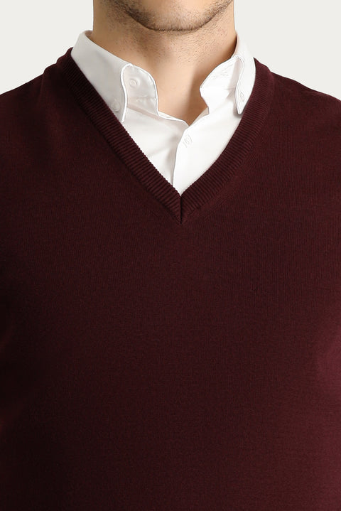 Koyu Bordo V Yaka Pamuklu Triko Süveter