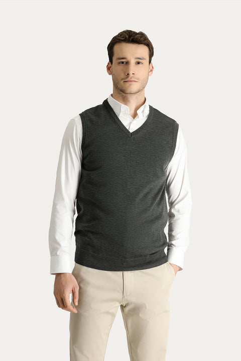 Koyu Antrasit Melanj V Yaka Pamuklu Triko Süveter