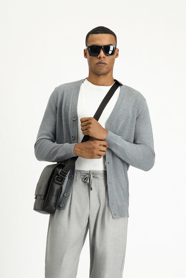  Orta Gri Melanj Slim Fit Dar Kesim Pamuklu Triko Hırka