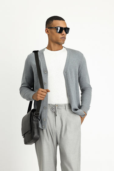  Orta Gri Melanj Slim Fit Dar Kesim Pamuklu Triko Hırka