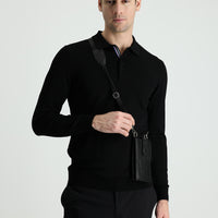 Siyah Polo Yaka Slim Fit Dar Kesim Triko Kazak