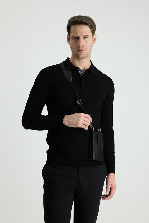 Siyah Polo Yaka Slim Fit Dar Kesim Triko Kazak