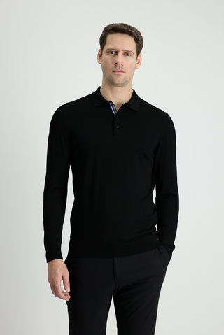  Siyah Polo Yaka Slim Fit Dar Kesim Triko Kazak