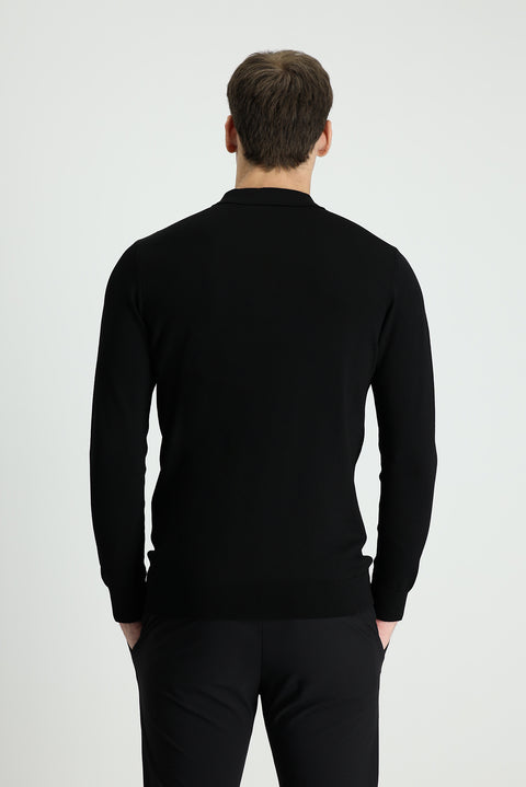 Black Polo Collar Slim Fit Narrow Cut Knit Sweater