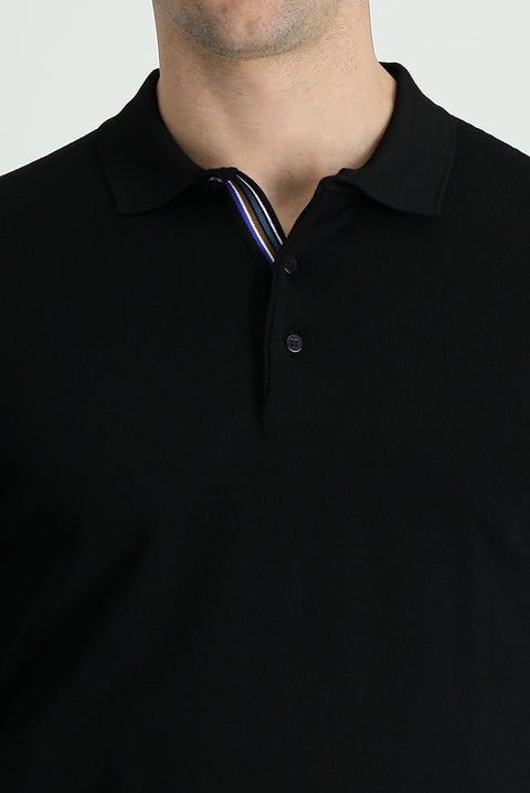 Siyah Polo Yaka Slim Fit Dar Kesim Triko Kazak