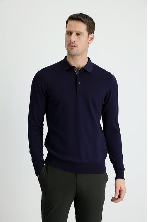 Koyu Lacivert Polo Yaka Slim Fit Dar Kesim Triko Kazak