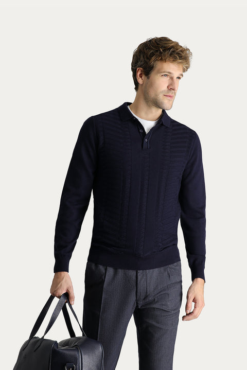 Koyu Lacivert Polo Yaka Regular Fit Desenli Pamuklu Triko Kazak