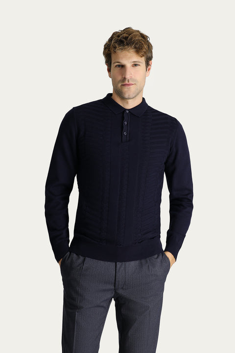 Koyu Lacivert Polo Yaka Regular Fit Desenli Pamuklu Triko Kazak