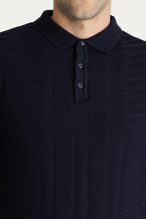 Koyu Lacivert Polo Yaka Regular Fit Desenli Pamuklu Triko Kazak