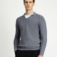 Orta Gri Melanj Polo Yaka Slim Fit Dar Kesim Desenli Pamuklu Yünlü Triko Kazak