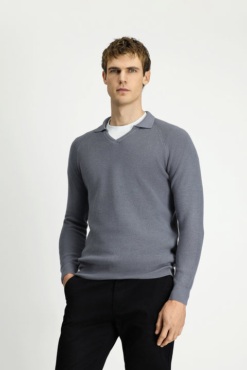 Orta Gri Melanj Polo Yaka Slim Fit Dar Kesim Desenli Pamuklu Yünlü Triko Kazak