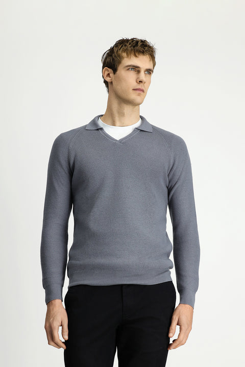 Orta Gri Melanj Polo Yaka Slim Fit Dar Kesim Desenli Pamuklu Yünlü Triko Kazak