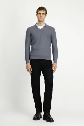  Orta Gri Melanj Polo Yaka Slim Fit Dar Kesim Desenli Pamuklu Yünlü Triko Kazak