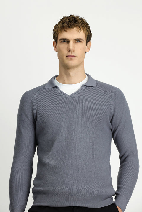 Orta Gri Melanj Polo Yaka Slim Fit Dar Kesim Desenli Pamuklu Yünlü Triko Kazak