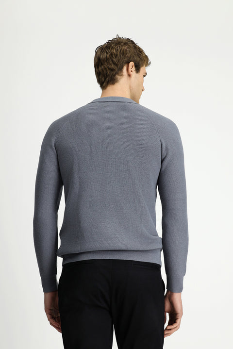 Orta Gri Melanj Polo Yaka Slim Fit Dar Kesim Desenli Pamuklu Yünlü Triko Kazak