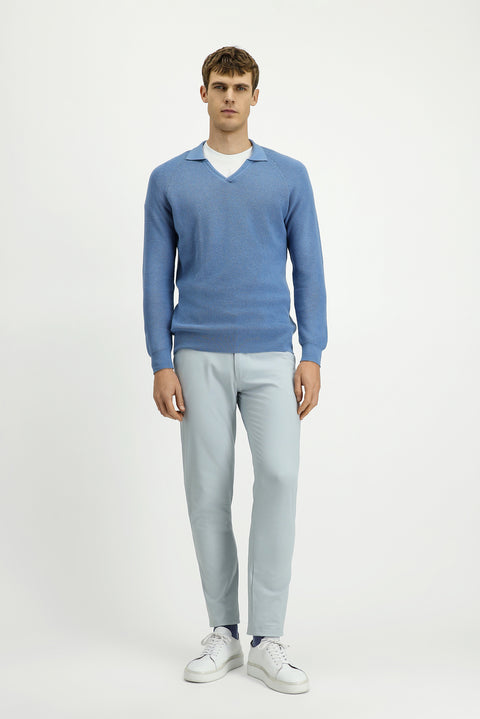 Havacı Mavi Polo Yaka Slim Fit Dar Kesim Desenli Pamuklu Yünlü Triko Kazak