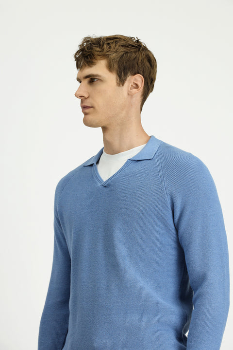 Havacı Mavi Polo Yaka Slim Fit Dar Kesim Desenli Pamuklu Yünlü Triko Kazak