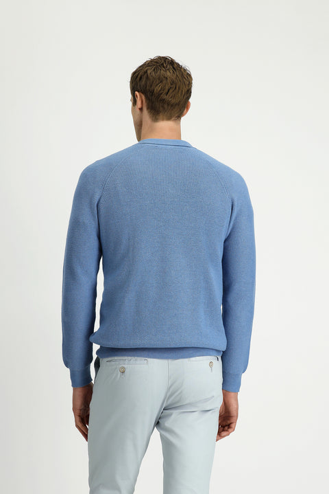 Havacı Mavi Polo Yaka Slim Fit Dar Kesim Desenli Pamuklu Yünlü Triko Kazak