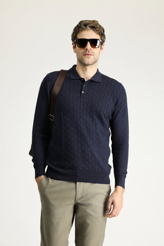  Koyu Lacivert Polo Yaka Slim Fit Dar Kesim Desenli Yünlü Triko Kazak