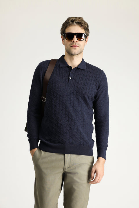 Koyu Lacivert Polo Yaka Slim Fit Dar Kesim Desenli Yünlü Triko Kazak