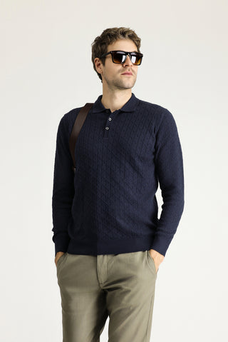  Koyu Lacivert Polo Yaka Slim Fit Dar Kesim Desenli Yünlü Triko Kazak