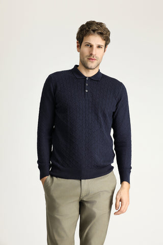  Koyu Lacivert Polo Yaka Slim Fit Dar Kesim Desenli Yünlü Triko Kazak