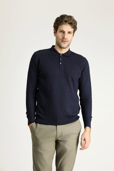 Koyu Lacivert Polo Yaka Slim Fit Dar Kesim Desenli Yünlü Triko Kazak