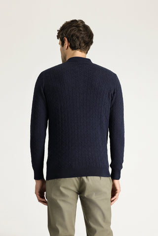  Koyu Lacivert Polo Yaka Slim Fit Dar Kesim Desenli Yünlü Triko Kazak