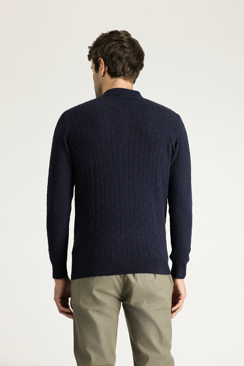 Koyu Lacivert Polo Yaka Slim Fit Dar Kesim Desenli Yünlü Triko Kazak