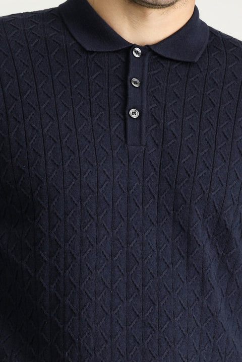 Koyu Lacivert Polo Yaka Slim Fit Dar Kesim Desenli Yünlü Triko Kazak