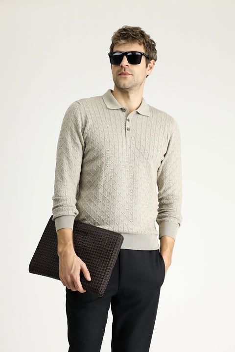 Orta Vizon Polo Yaka Slim Fit Dar Kesim Desenli Yünlü Triko Kazak