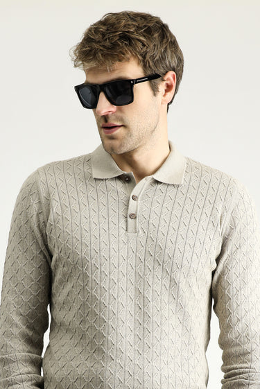 Orta Vizon Polo Yaka Slim Fit Dar Kesim Desenli Yünlü Pamuklu Triko Kazak