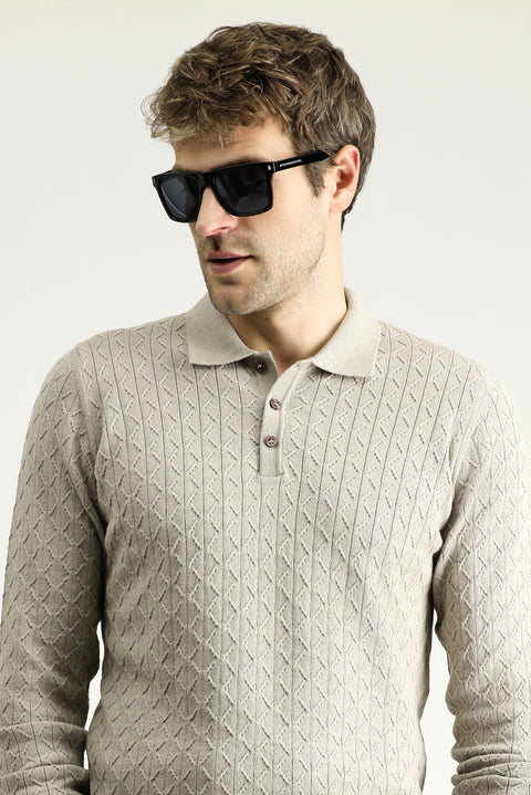 Orta Vizon Polo Yaka Slim Fit Dar Kesim Desenli Yünlü Triko Kazak