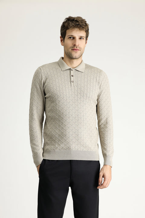 Orta Vizon Polo Yaka Slim Fit Dar Kesim Desenli Yünlü Triko Kazak