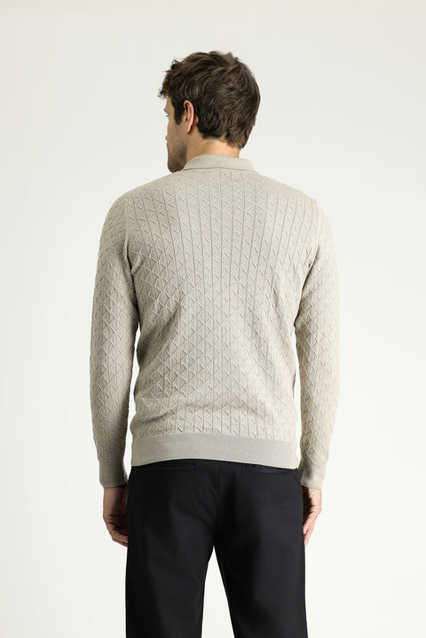 Orta Vizon Polo Yaka Slim Fit Dar Kesim Desenli Yünlü Triko Kazak