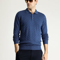 İndigo Polo Yaka Slim Fit Dar Kesim Desenli Yünlü Triko Kazak