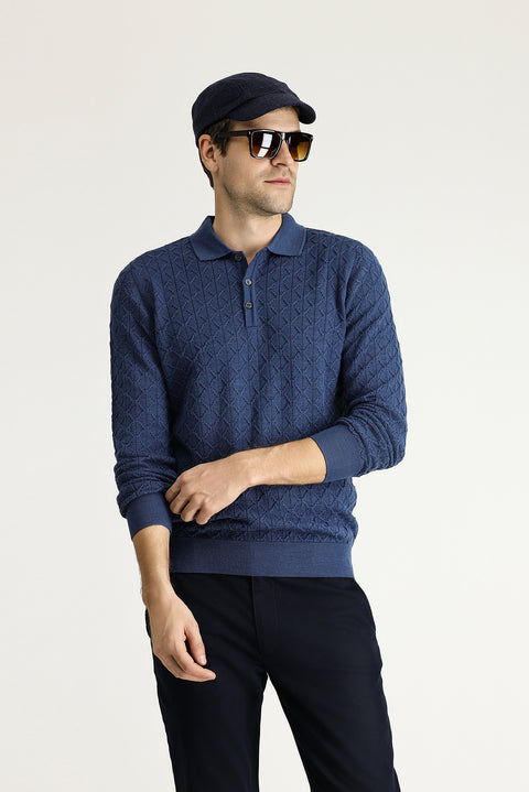 İndigo Polo Yaka Slim Fit Dar Kesim Desenli Yünlü Triko Kazak