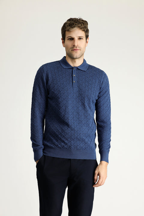 İndigo Polo Yaka Slim Fit Dar Kesim Desenli Yünlü Triko Kazak