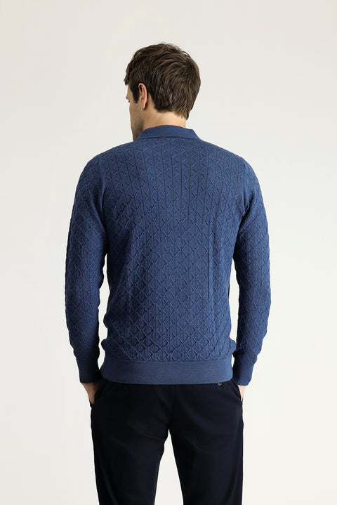 İndigo Polo Yaka Slim Fit Dar Kesim Desenli Yünlü Triko Kazak