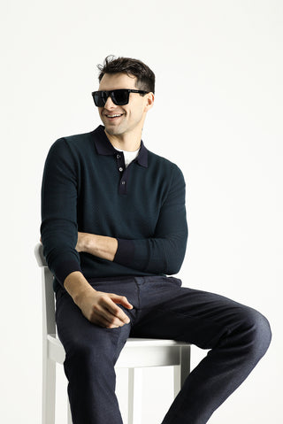  Koyu Lacivert Polo Yaka Slim Fit Dar Kesim Desenli Triko Kazak